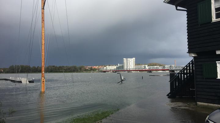 Hele græsplænen foran søspejderstationen er oversvømmet.